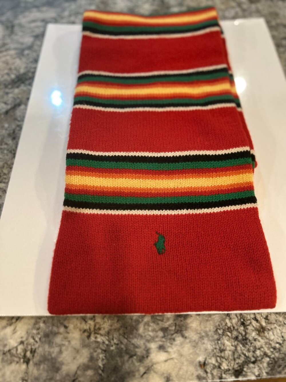 Polo Ralph Lauren 100% Lambswool, Red Multicolor Striped Scarf, Logo, vintage